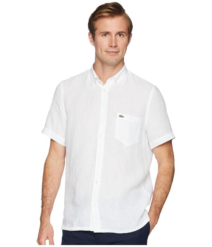 Lacoste Short Sleeve Solid Linen Button Down Collar Regular (white) Men's Short Sleeve Button Up