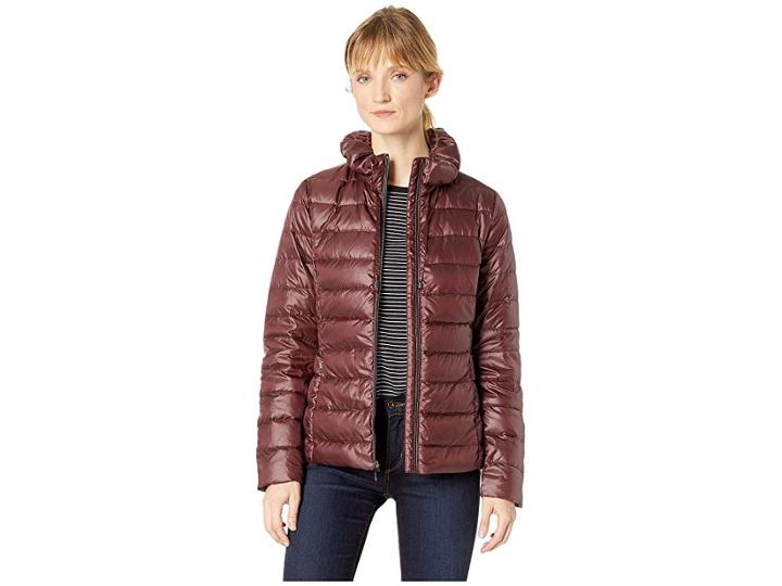 Via Spiga Packable Soft Puffer With Ruffle Detailed Stand Collar (wine) Women's Coat