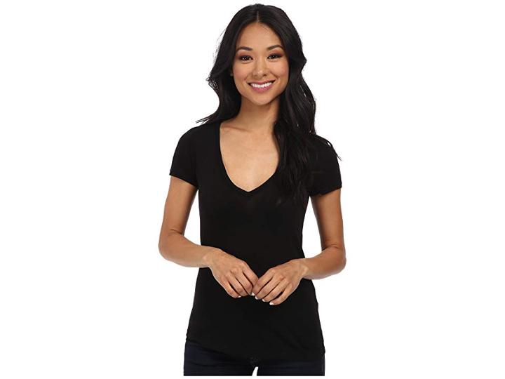 Three Dots Jersey Colette S/s Deep V-neck (black) Women's T Shirt