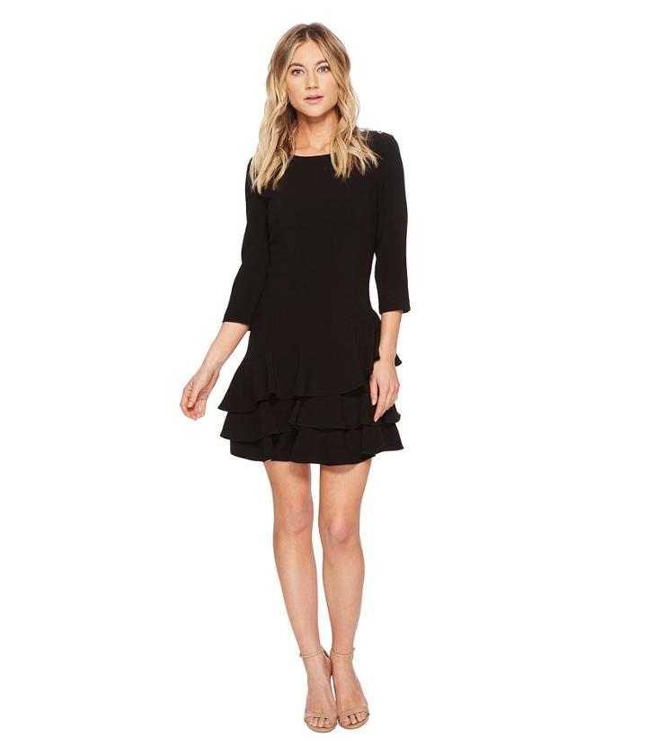 Halston Heritage Elbow Sleeve Round Neck Dress W/ Flounce (black) Women's Dress