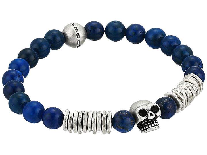 Steve Madden Bead And Discs With Skull Design Stretch Bracelet In Stainless Steel (blue) Bracelet