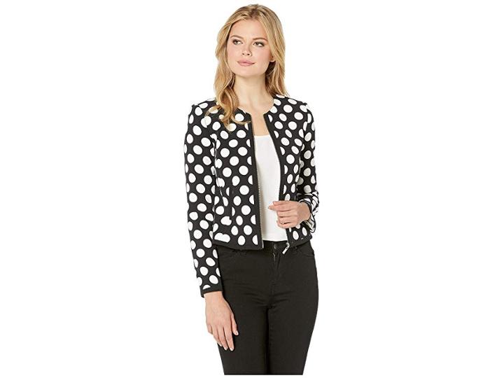 Tahari By Asl Polka Dot Long Sleeve Jacket With Zipper (black/ivory) Women's Clothing