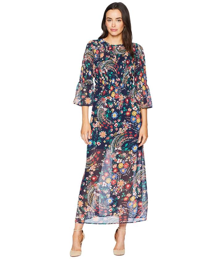 Eci Paisley Print Smocked Chiffon Maxi (navy/multi) Women's Dress