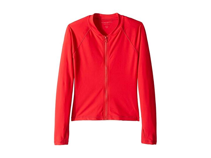 Seafolly Kids Summer Essentials Long Sleeve Zip Rashie (little Kids/big Kids) (ruby Red) Girl's Swimwear