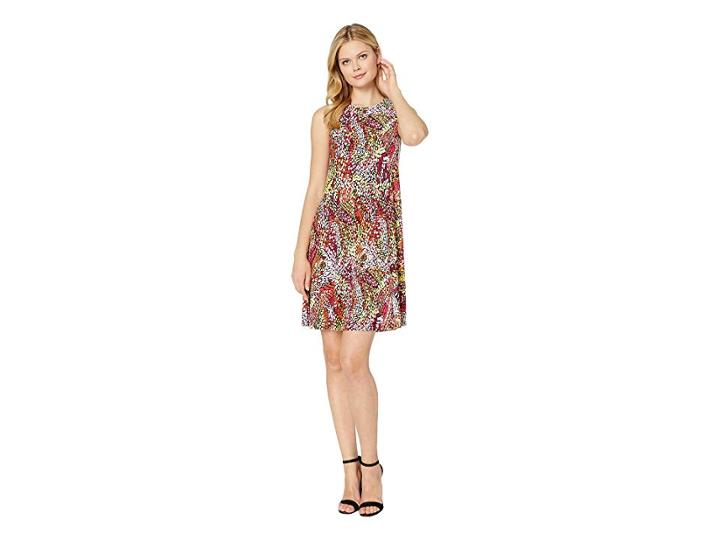 Nine West Printed Ity Sleeveless Crew Neck Trapeze Dress (papaya Multi) Women's Dress