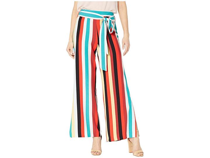 Eci Multi Stripe Printed Wide-legged Pants W/ Self Tie (black/red) Women's Casual Pants