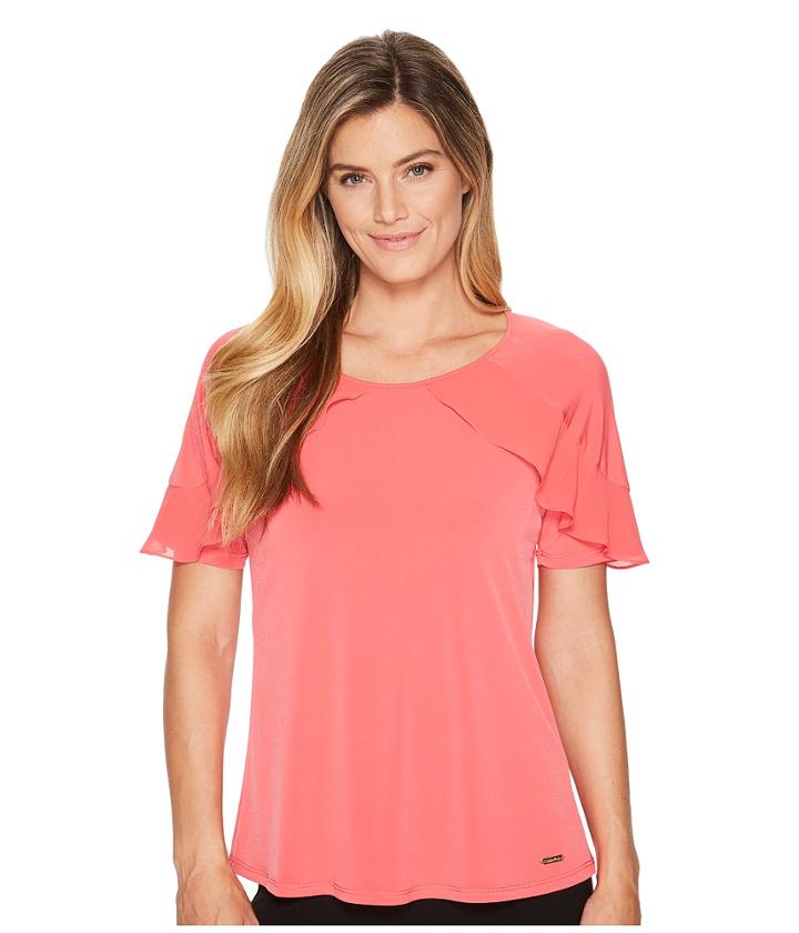 Calvin Klein Short Sleeve Knit Top W/ Chiffon Ruffle (watermelon) Women's Clothing