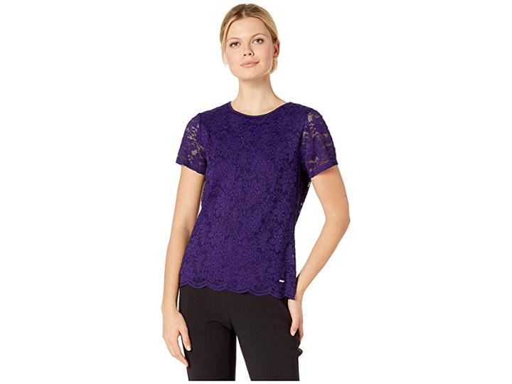 Calvin Klein Short Sleeve Lace Knit Tee (night) Women's T Shirt