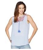 Tribal Textured Crepe Sleeveless Embroidered Top (blue Wave) Women's Sleeveless