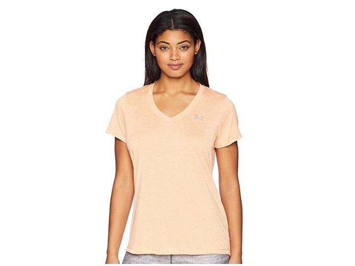 Under Armour Ua Techtm Twist V-neck (peach Horizon/metallic Silver) Women's Short Sleeve Pullover
