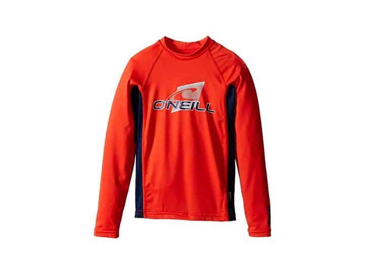 O'neill Kids Skins Long Sleeve Crew (little Kids/big Kids) (neon Red/navy/neon Red) Boy's Swimwear