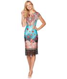 Eci Printed Scuba Sheath With Lace Hem (red/teal) Women's Dress