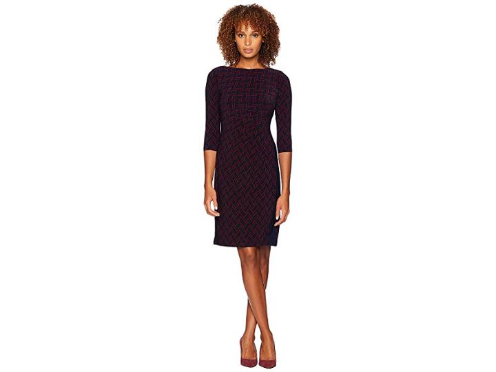 Lauren Ralph Lauren Boule Abstract Drewly 3/4 Sleeve Day Dress (lighthouse Navy/vibrant Garnet) Women's Dress