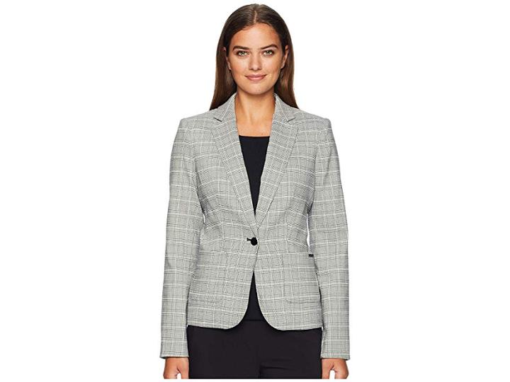 Calvin Klein Woven Button Front Jacket (black/white) Women's Coat