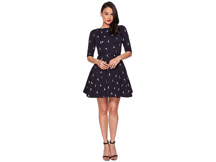 Unique Vintage Eiffel Tower Knit Flare Dress (navy/pink) Women's Dress