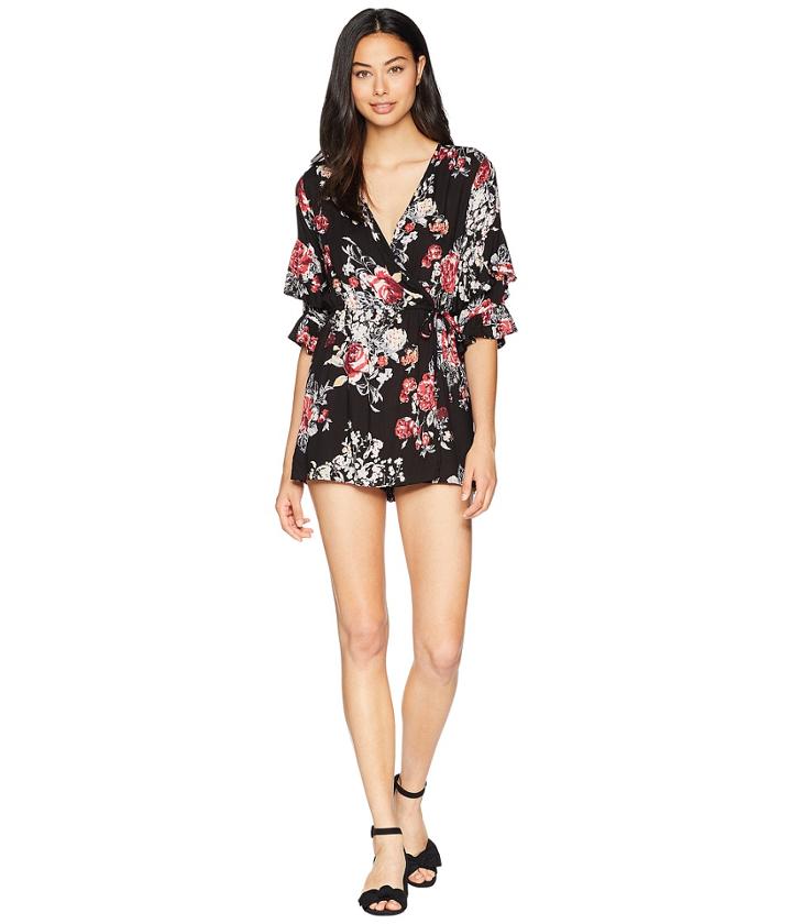 Angie Surplice Romper With Double Ruffle Sleeve (black) Women's Jumpsuit & Rompers One Piece