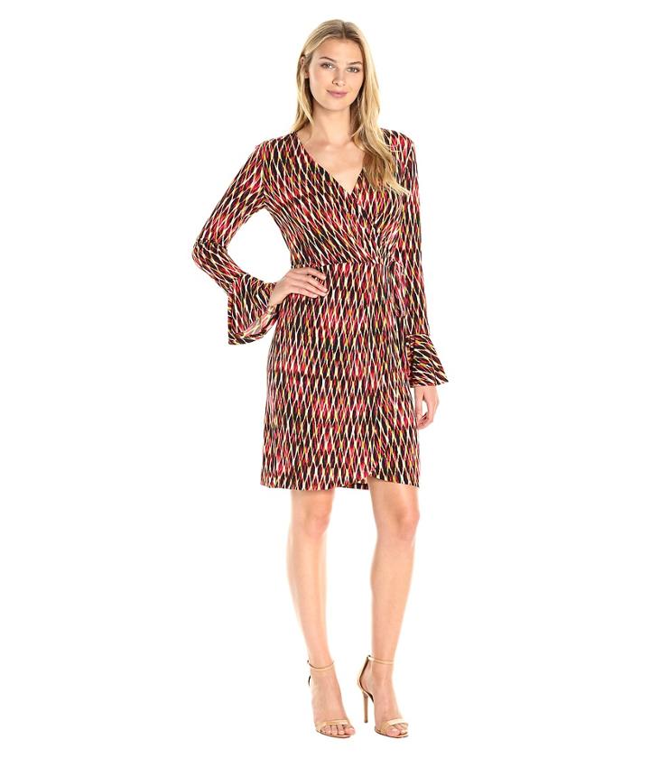 London Times Geo Wire Wrap Dress (coral Multi) Women's Dress