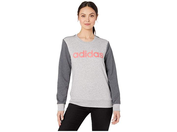 Adidas Essentials Linear Crew Neck (medium Grey Heather/prism Pink) Women's Sweatshirt