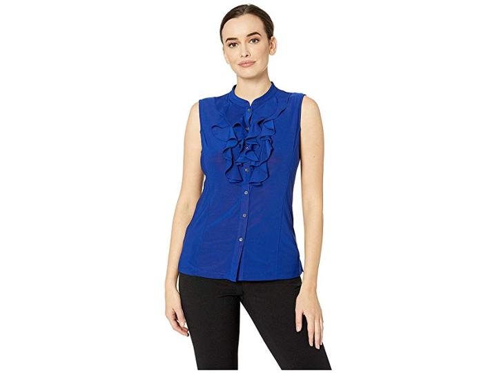 Tahari By Asl Matte Jersey Ruffle Button Down Sleeveless Top (cobalt) Women's Clothing