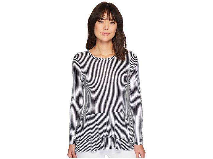Michael Michael Kors Petite Stripe Double Hem Top (true Navy/white) Women's Long Sleeve Pullover