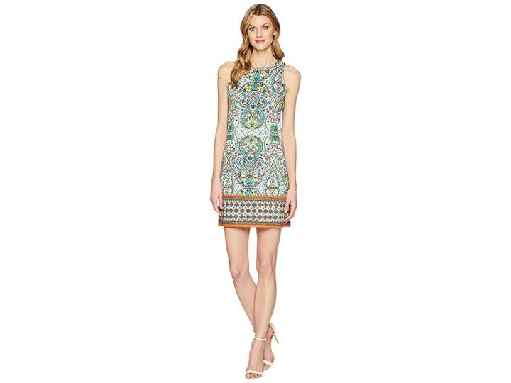London Times Mood Paisley Border Sleeveless Shift (teal/orange) Women's Dress