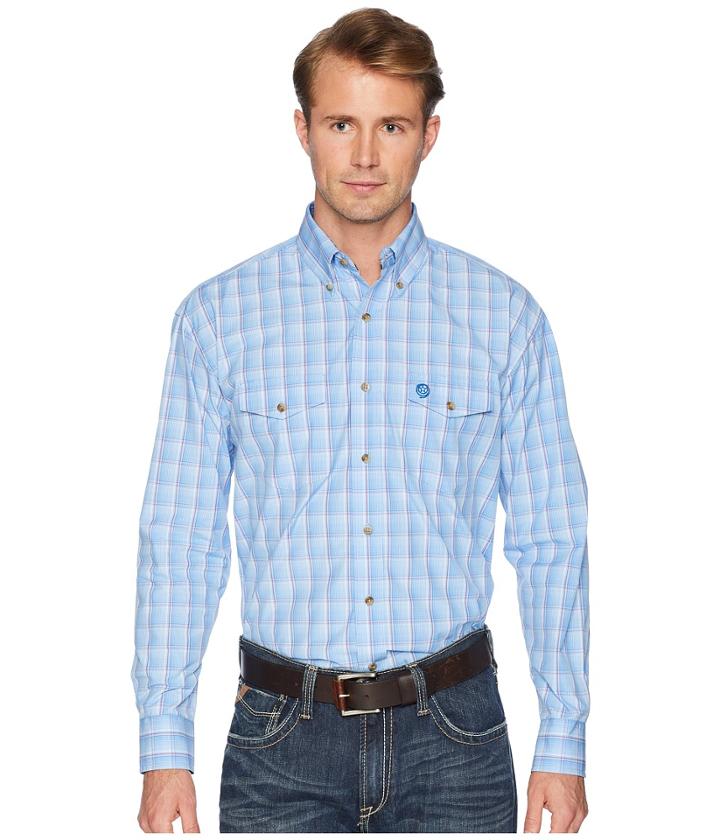 Wrangler George Strait Long Sleeve Two Flap Pocket Plaid (blue) Men's Long Sleeve Button Up