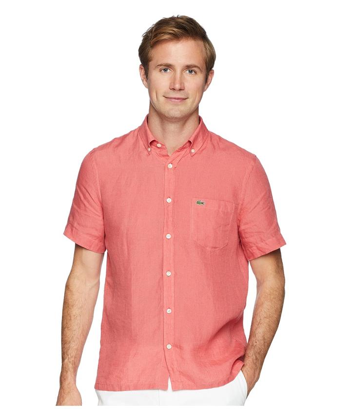 Lacoste Short Sleeve Solid Linen Button Down Collar Regular (sierra Red) Men's Short Sleeve Button Up