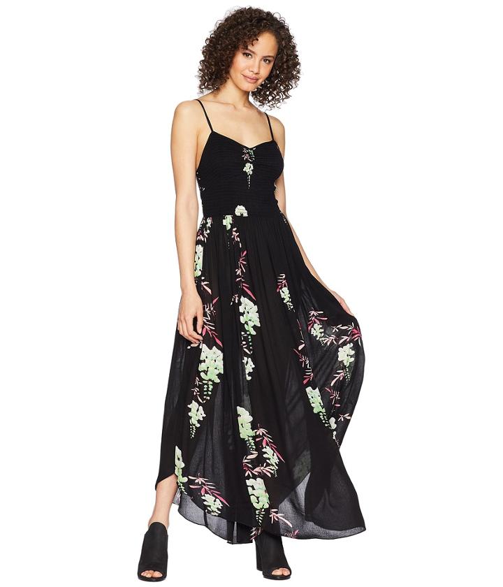 Free People Beau Smocked Printed Slip (black Combo) Women's Dress