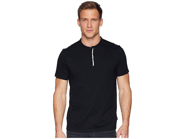 Calvin Klein Short Sleeve Flat Knit Trimmed Jersey Henley (black Combo) Men's T Shirt