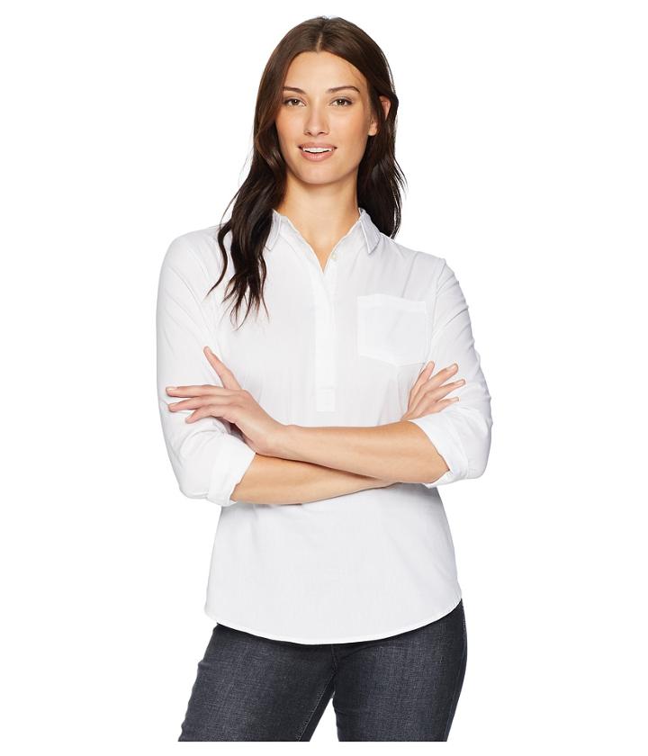 Alexander Jordan Long Sleeve One-pocket Button Pop Over Shirt With Bust Darts Hi-low Bottom (white) Women's Long Sleeve Button Up