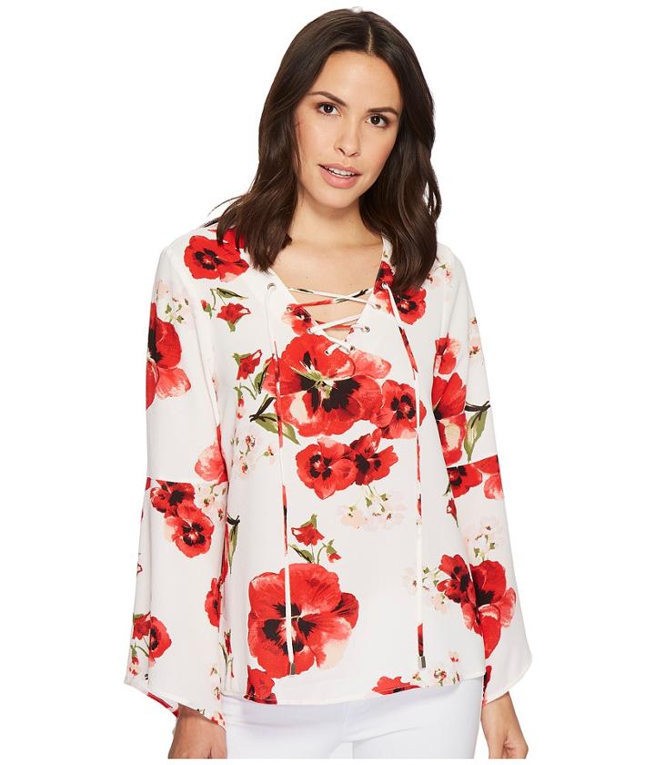 B Collection By Bobeau Sybil Lace-up Blouse (red Floral Print) Women's Blouse