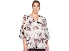 Calvin Klein Plus Plus Size Print V-neck Blouse W/ Flare Sleeve (blush/aubergine Multi) Women's Blouse
