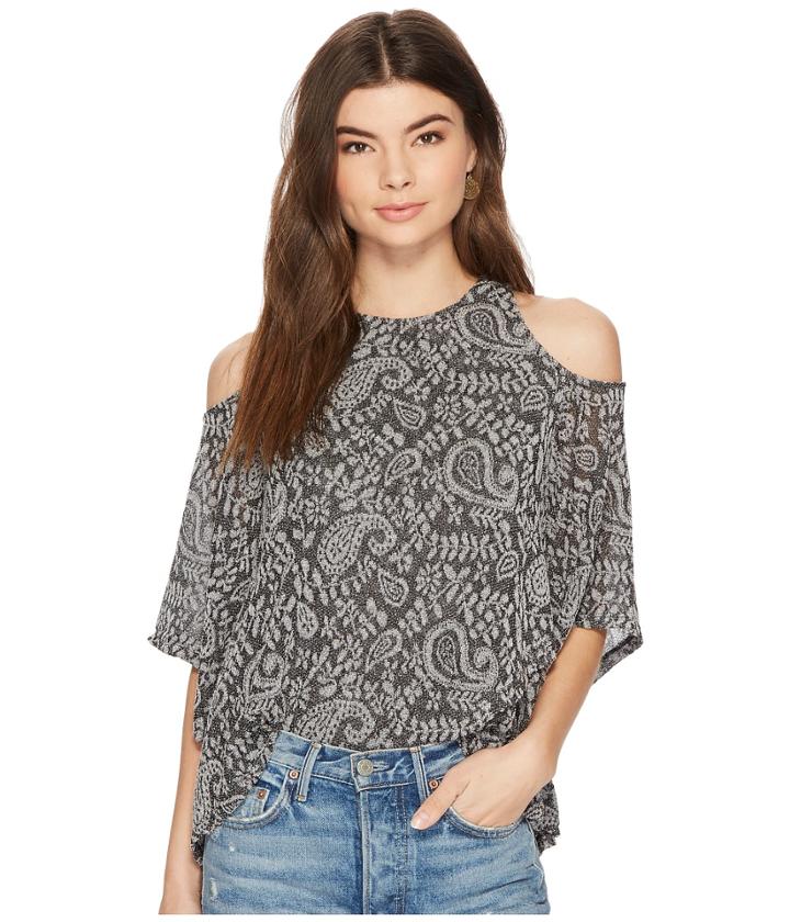 Lucky Brand Cold Shoulder Open Front Top (grey Multi) Women's Short Sleeve Pullover