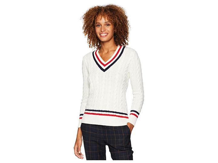 Lauren Ralph Lauren Cable-knit Cricket Sweater (mascarpone Cream/navy/crimson) Women's Sweater