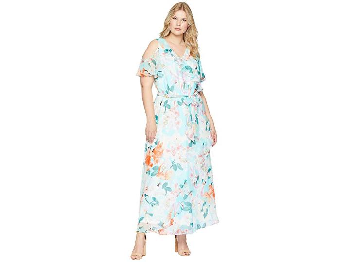 Calvin Klein Plus Plus Size Cold Shoulder Ruffle Maxi (seaspray Multi) Women's Dress