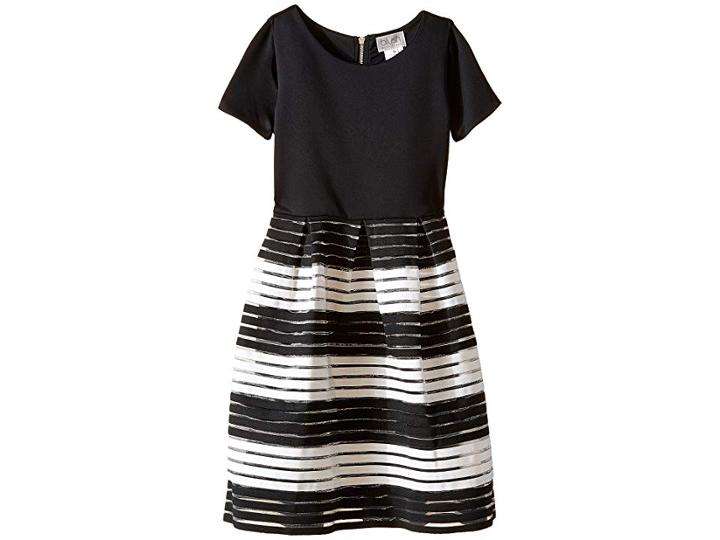 Us Angels Short Sleeve Cut Out Scuba W/ Novelty Stripe Skirt (big Kids) (black) Girl's Dress