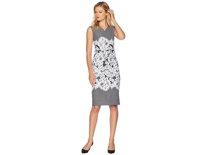 Eci Sleeveless Puff Printed Scuba Sheath Dress (black/ivory) Women's Dress