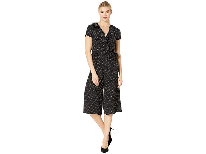 London Times V-neck Jumpsuit With Ruffle Collar (black/white) Women's Jumpsuit & Rompers One Piece