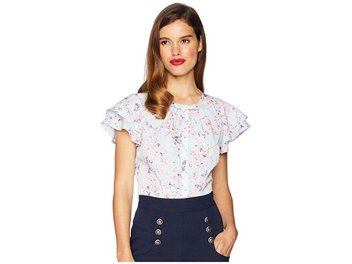 Unique Vintage Jeannie Blouse (light Blue/pink Floral) Women's Blouse
