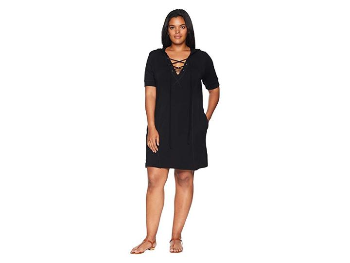 Kari Lyn Plus Size Bailey Hooded Lace-up Tunic (black) Women's Blouse