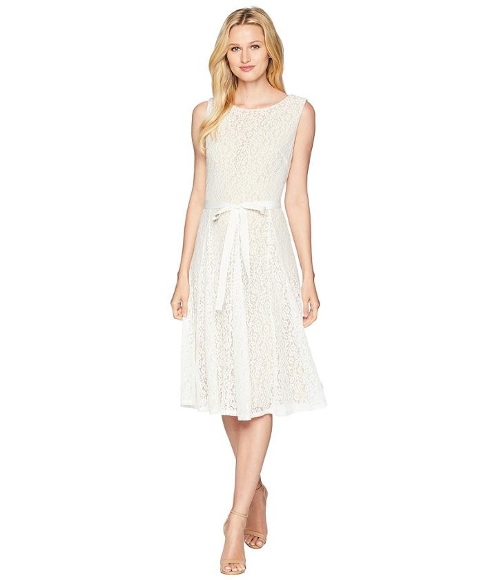 Gabby Skye Lace Seamed Dress W/ Grosgrain Belt (white/nude) Women's Dress