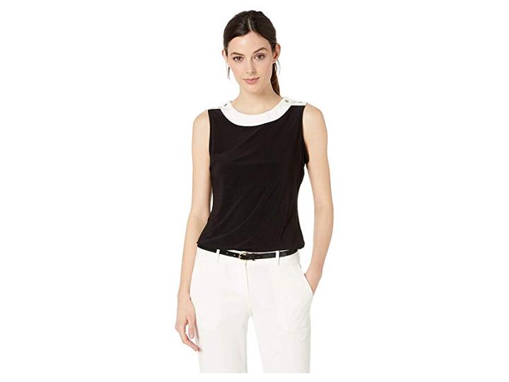 Tommy Hilfiger Contrast Neck Knit Top (black/ivory) Women's Clothing
