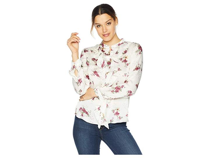 Vince Camuto Long Sleeve Ruffle Front Delicate Bouquet Blouse (almond) Women's Blouse