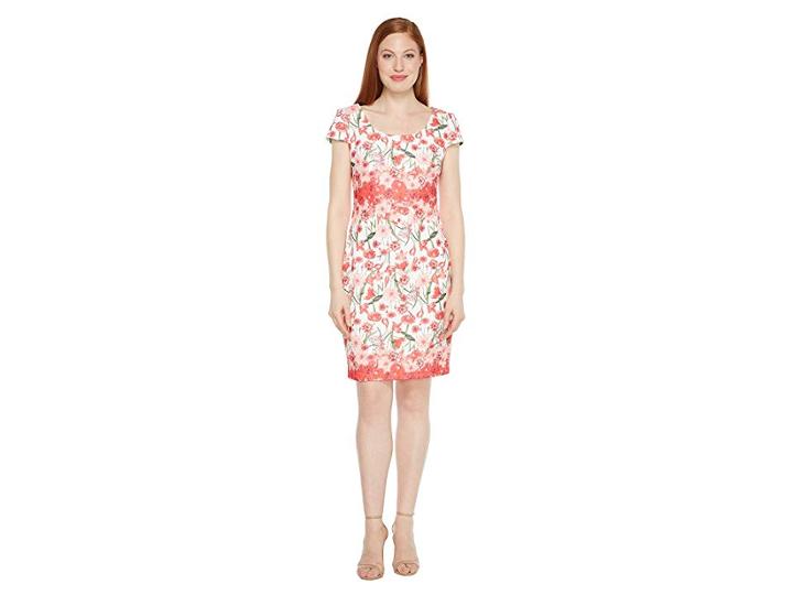 Sangria Floral Printed Sheath With Cap Sleeve (ivy Coral Reef) Women's Dress
