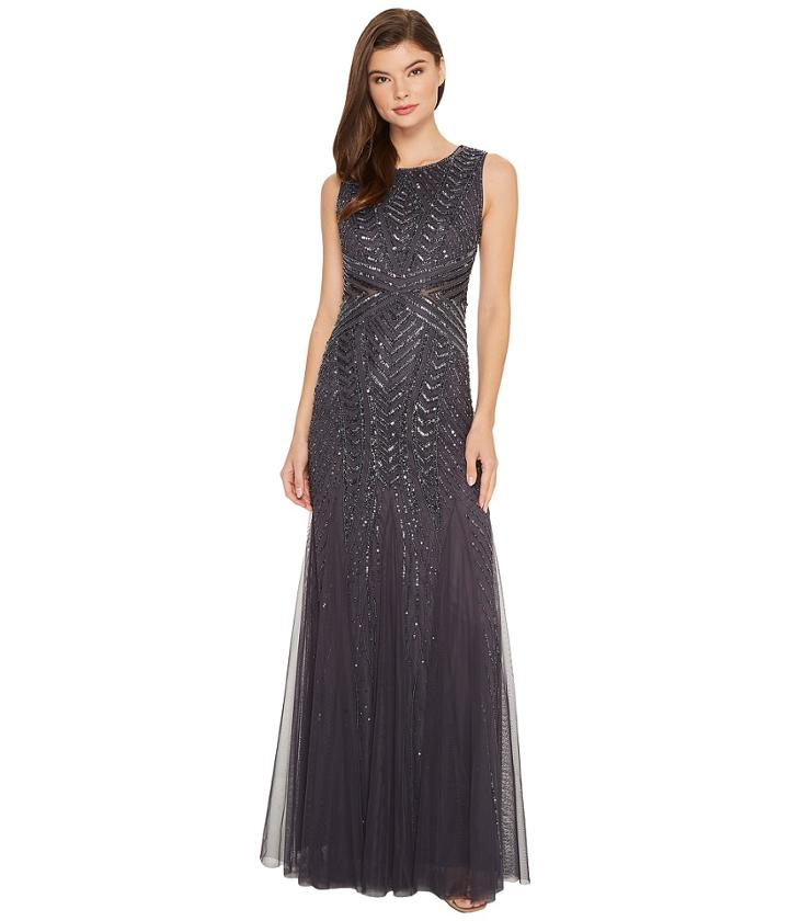 Adrianna Papell Sleeveless Fully Beaded Gown With Waist Detail (gunmetal) Women's Dress