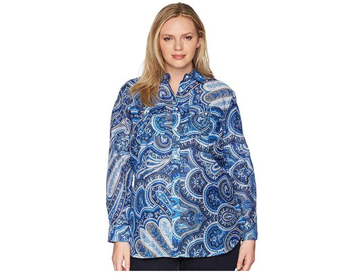 Lauren Ralph Lauren Plus Size Paisley Silk-blend Shirt (blue Multi) Women's Clothing