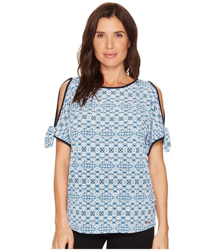 Ivanka Trump Printed Round Neck Cold Shoulder Blouse W/ Rounded Open Hem (ivory Multi) Women's Blouse