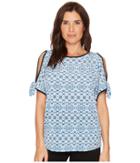 Ivanka Trump Printed Round Neck Cold Shoulder Blouse W/ Rounded Open Hem (ivory Multi) Women's Blouse
