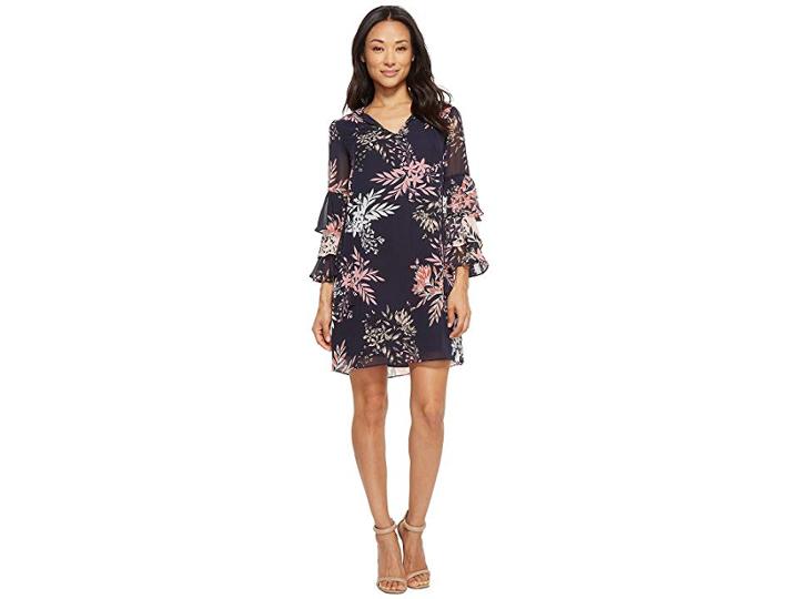 Vince Camuto Chiffon Float With Tiered Sleeves (navy Multi) Women's Dress