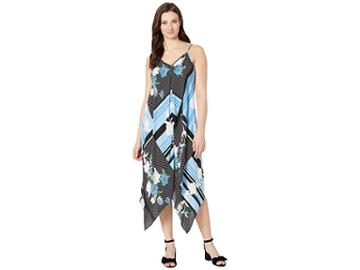 Eci Floral Stripe Patchwork Print Hanky Hem Dress (black/blue) Women's Dress